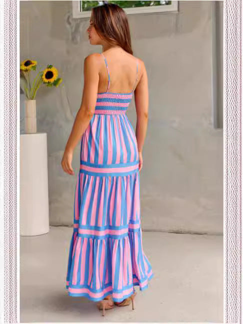 Marisol | Women's Square Neck Striped Maxi Dress with Straps and Pockets