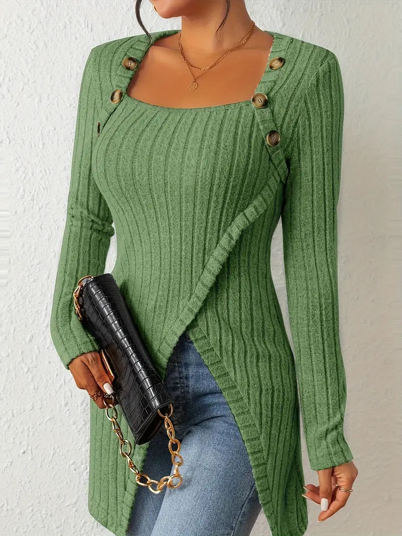 Julia | Women's Long Sleeve Square Neck Asymmetrical Top with Buttons