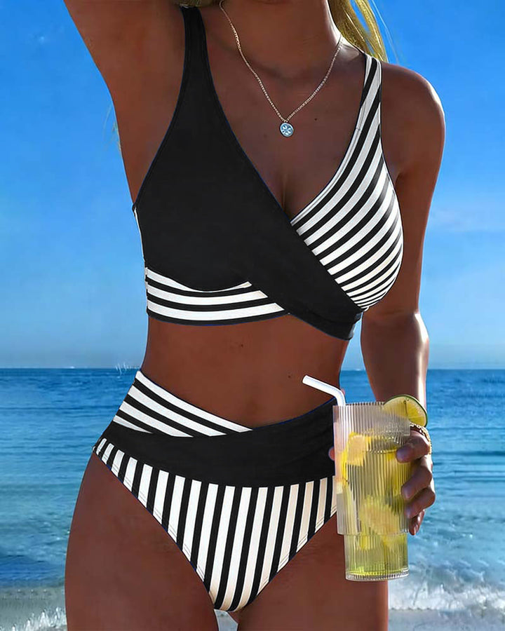 Giulia | Women's Striped V-Neck Bikini with High-Waisted Briefs