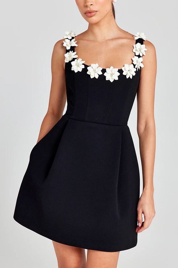 Cindy | Women's Square Neck Feminine Mini Dress with Floral Appliqués and Pockets