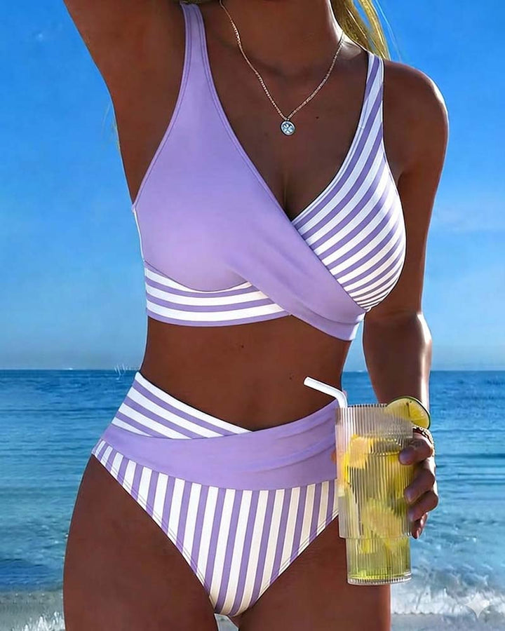 Giulia | Women's Striped V-Neck Bikini with High-Waisted Briefs