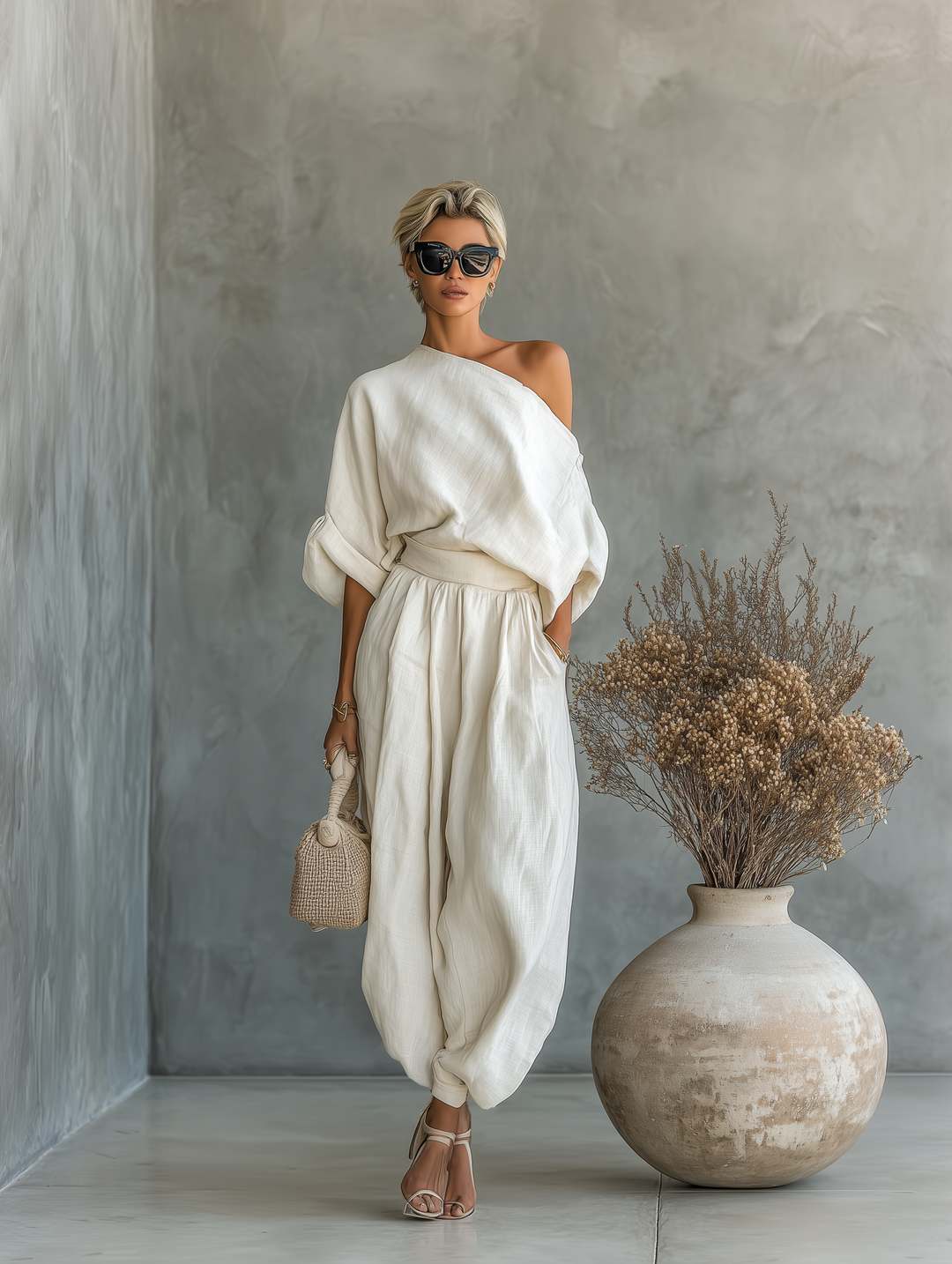 Lisa | Cozy Off-Shoulder Top with Tapered Trousers Ensemble