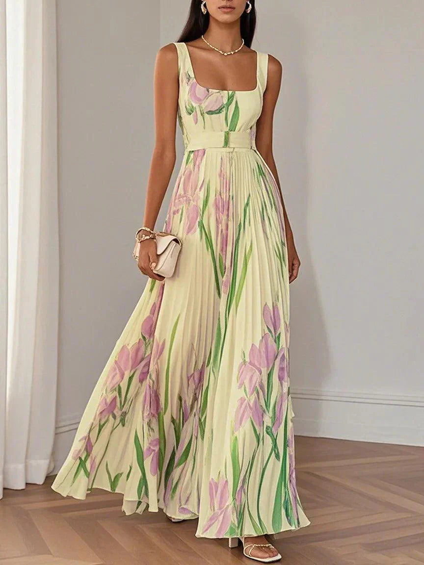 Nina - Women's Long Floral Pleated Dress