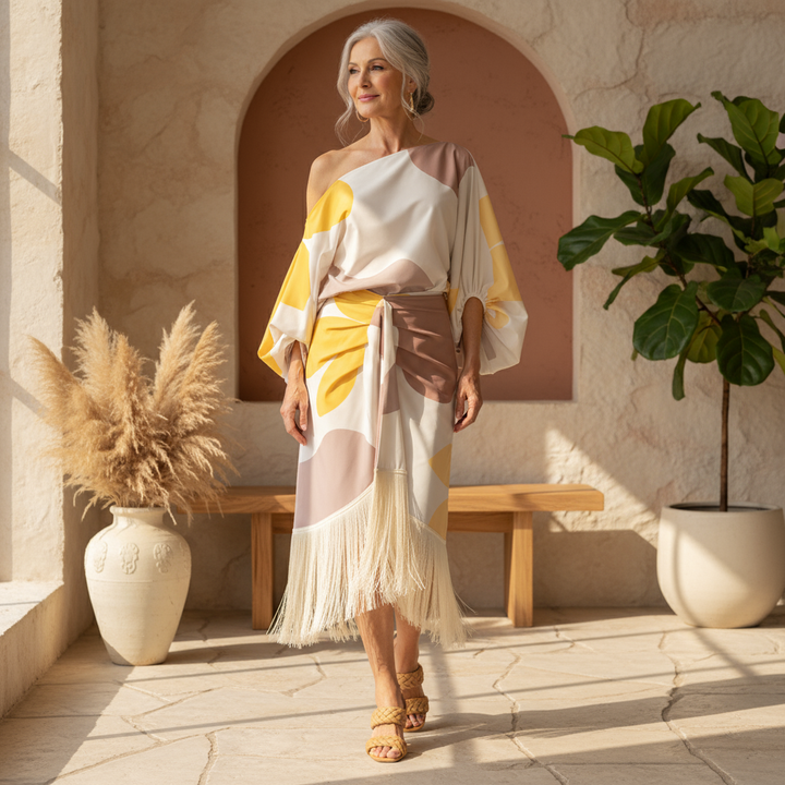 Katerina | Women's One-Shoulder Elegant Stylish Set with Fringe