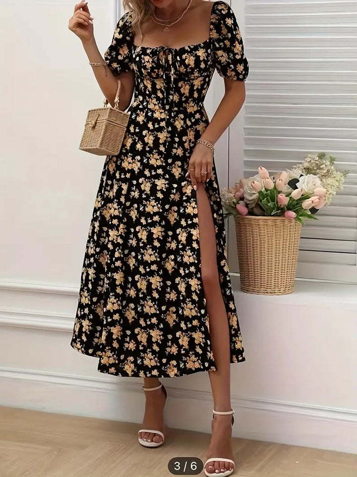 Mirella | Women's Puff Sleeve Mini Floral Dress with Side Slit