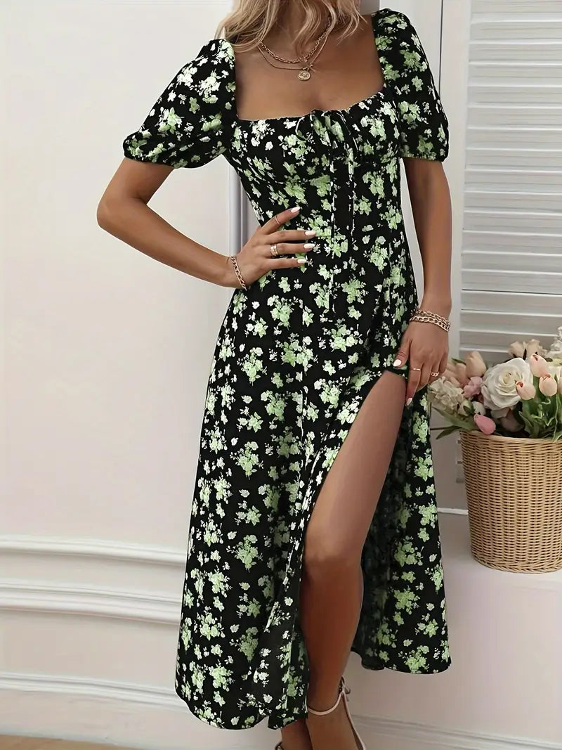 Mirella | Women's Puff Sleeve Mini Floral Dress with Side Slit