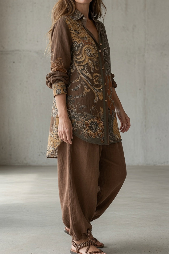 Nina | Women's Floral Long Sleeve Top & Pants Set with Buttons