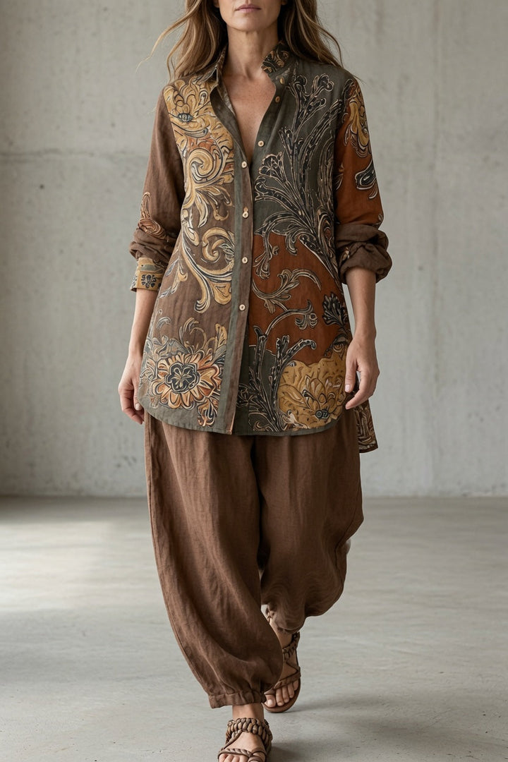 Nina | Women's Floral Long Sleeve Top & Pants Set with Buttons
