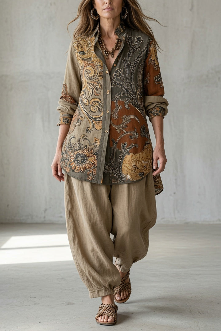 Nina | Women's Floral Long Sleeve Top & Pants Set with Buttons