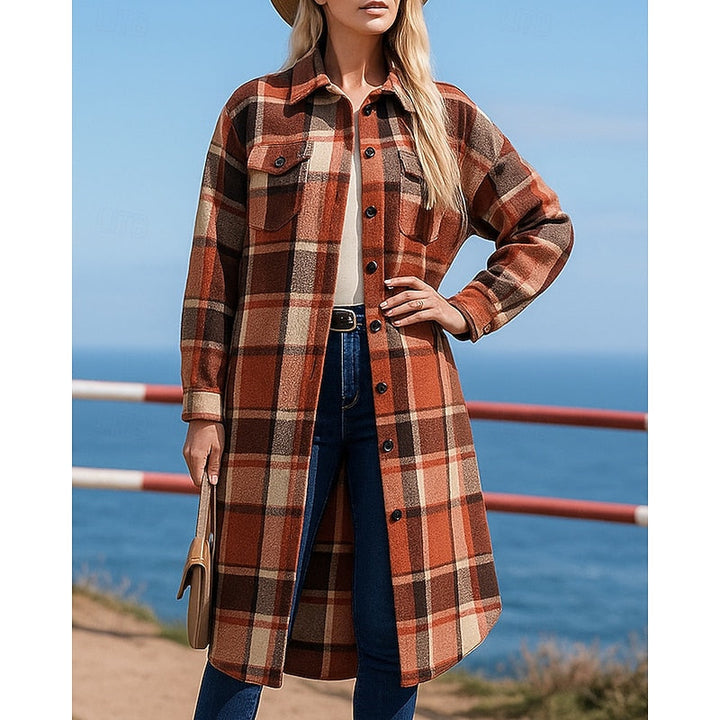Women's Longline Checked Coat with Buttons and Pockets