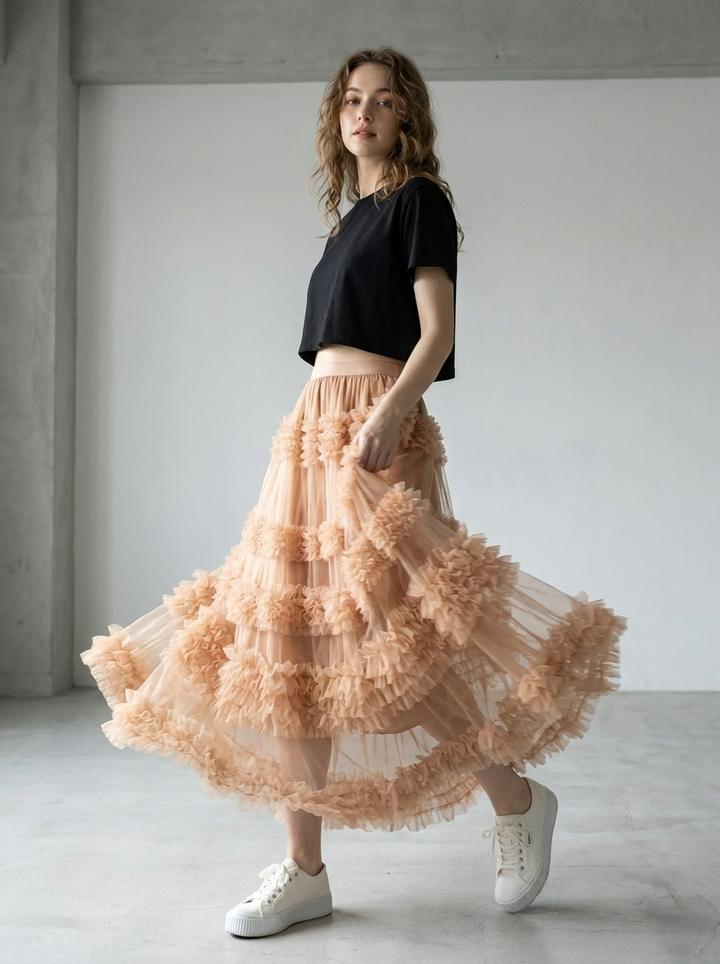 Women's Beautiful Asymmetrical Design Tulle Tiered Fall Skirt