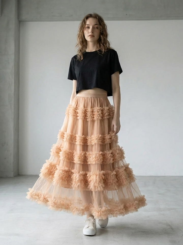 Women's Beautiful Asymmetrical Design Tulle Tiered Fall Skirt