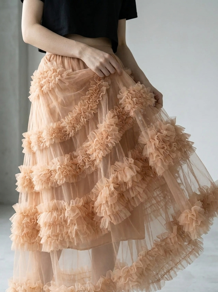 Women's Beautiful Asymmetrical Design Tulle Tiered Fall Skirt