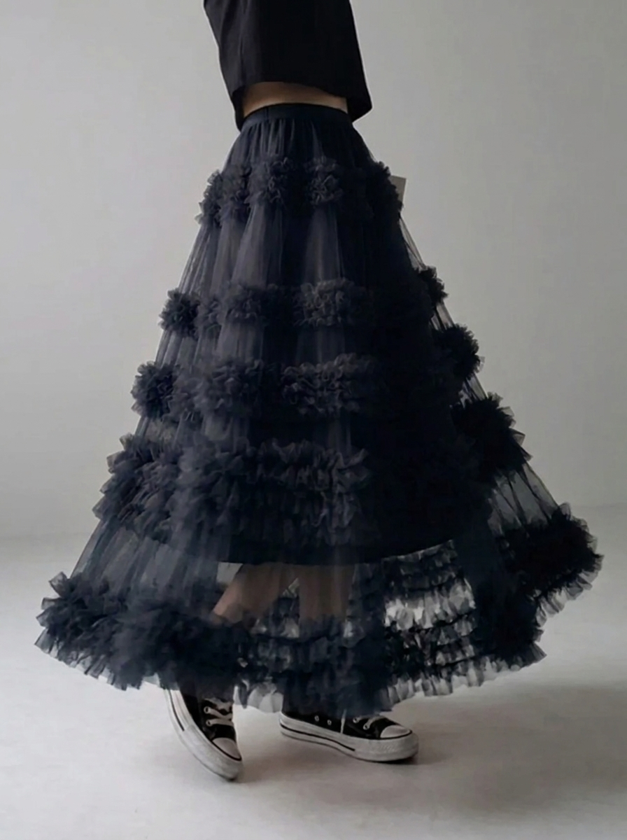 Women's Beautiful Asymmetrical Design Tulle Tiered Fall Skirt