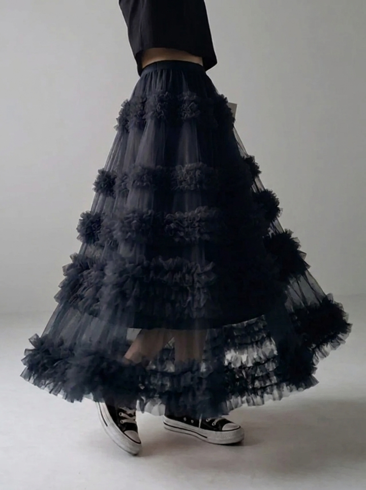 Women's Beautiful Asymmetrical Design Tulle Tiered Fall Skirt