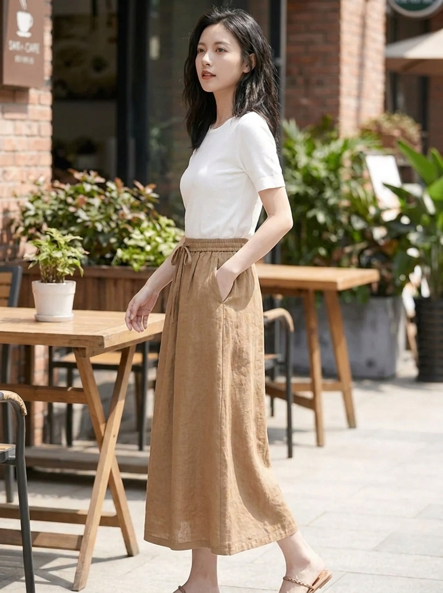 Women's Midi Skirt with Elastic Waistband and Drawstring