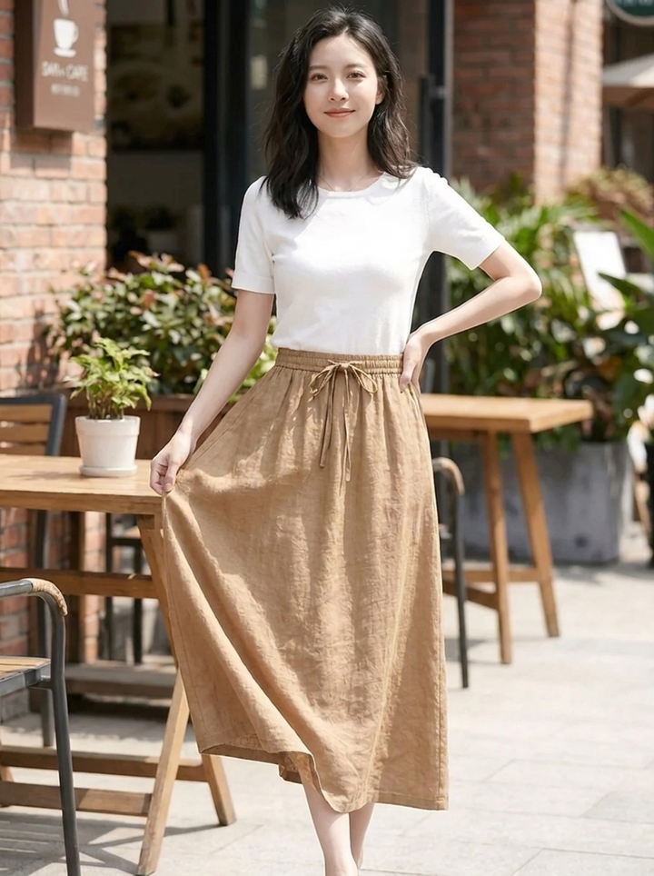Women's Midi Skirt with Elastic Waistband and Drawstring