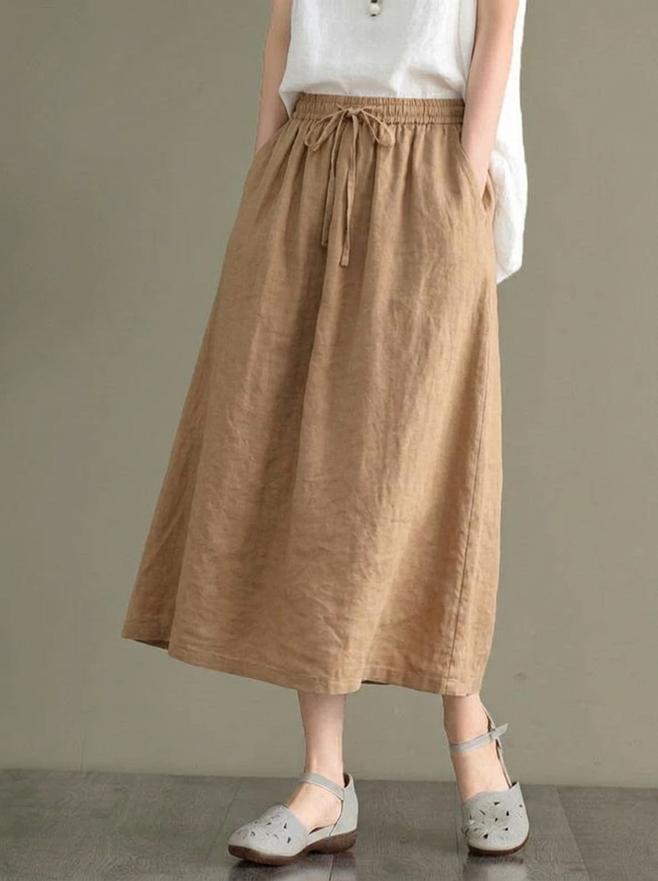 Women's Midi Skirt with Elastic Waistband and Drawstring