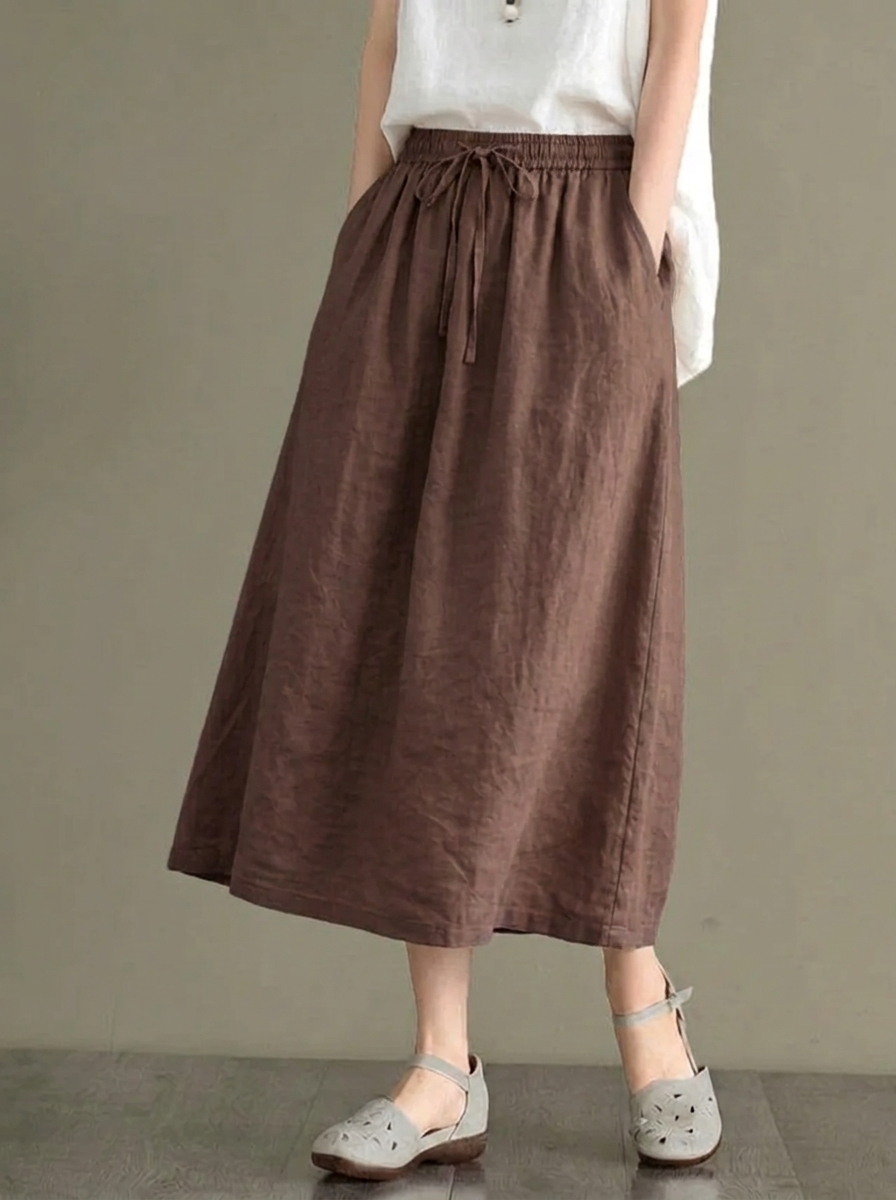 Women's Midi Skirt with Elastic Waistband and Drawstring