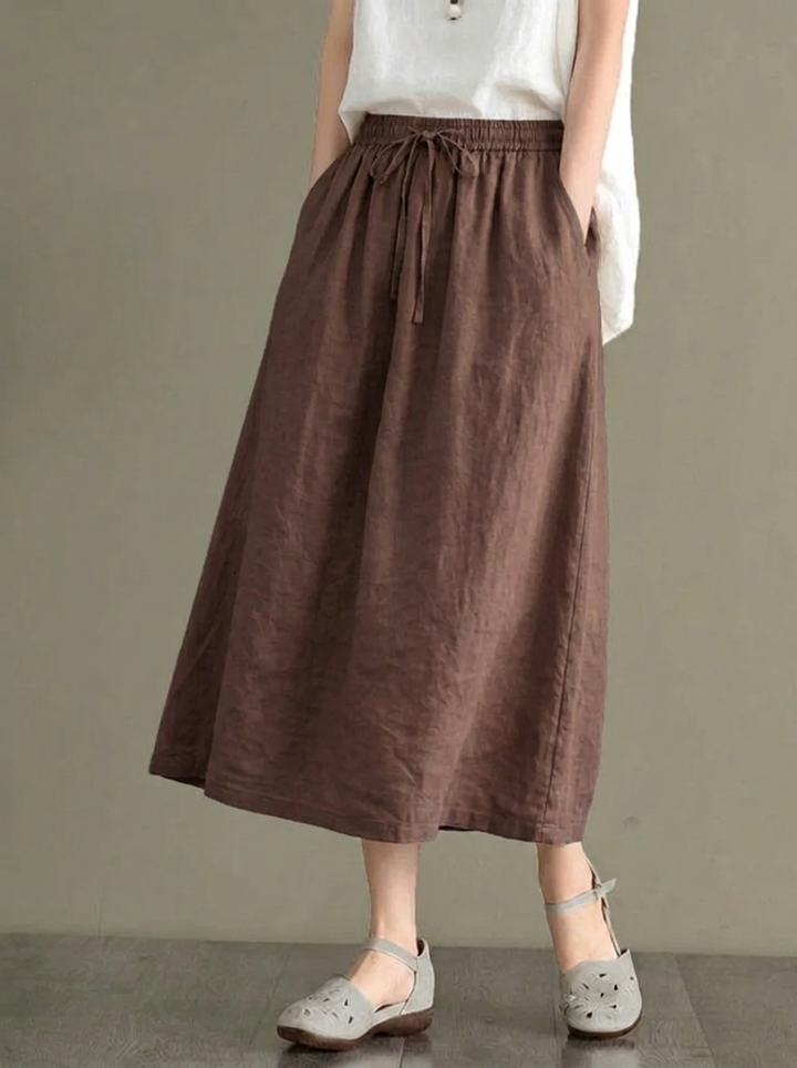 Women's Midi Skirt with Elastic Waistband and Drawstring