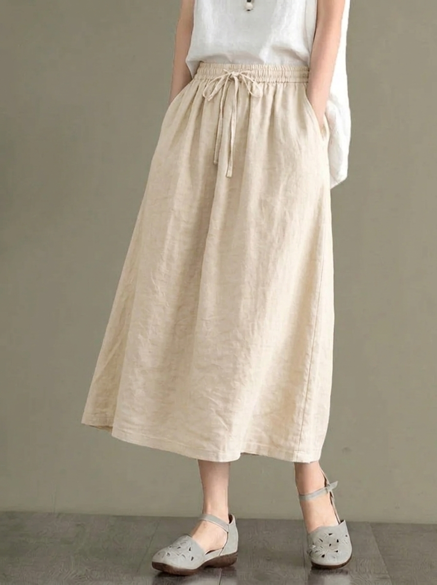 Women's Midi Skirt with Elastic Waistband and Drawstring