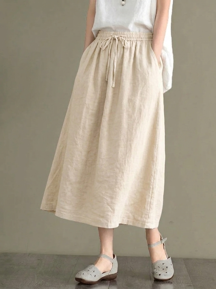 Women's Midi Skirt with Elastic Waistband and Drawstring