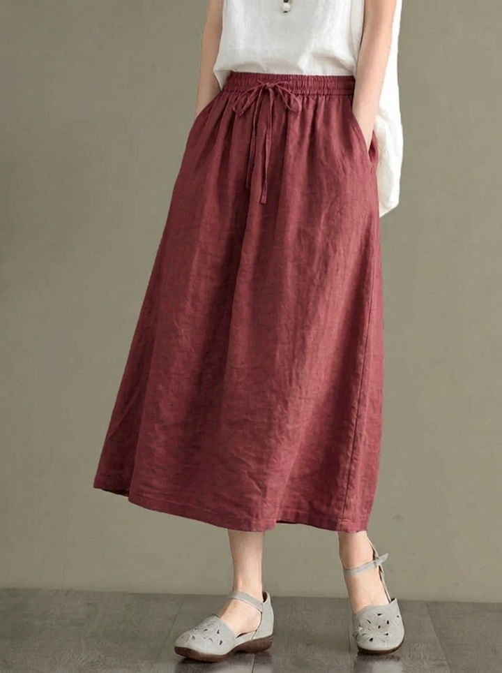 Women's Midi Skirt with Elastic Waistband and Drawstring