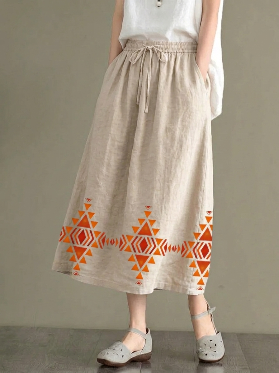 Women's Midi Skirt with Elastic Waistband and Drawstring