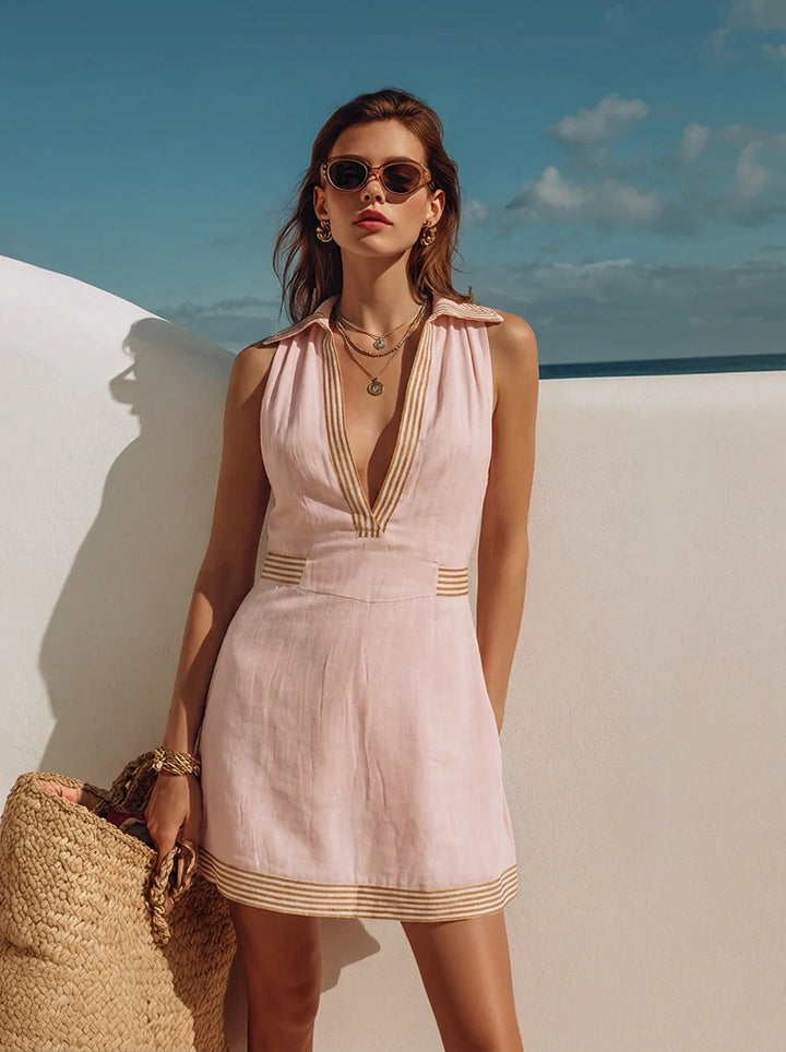 Women's Sleeveless Mini Dress with Pockets and Buttons