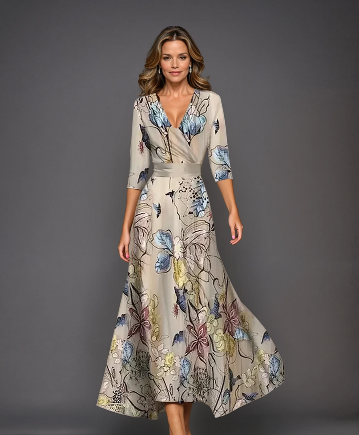 Emily | Women's Floral Printed High Waist Midi Dress with Mid Sleeves