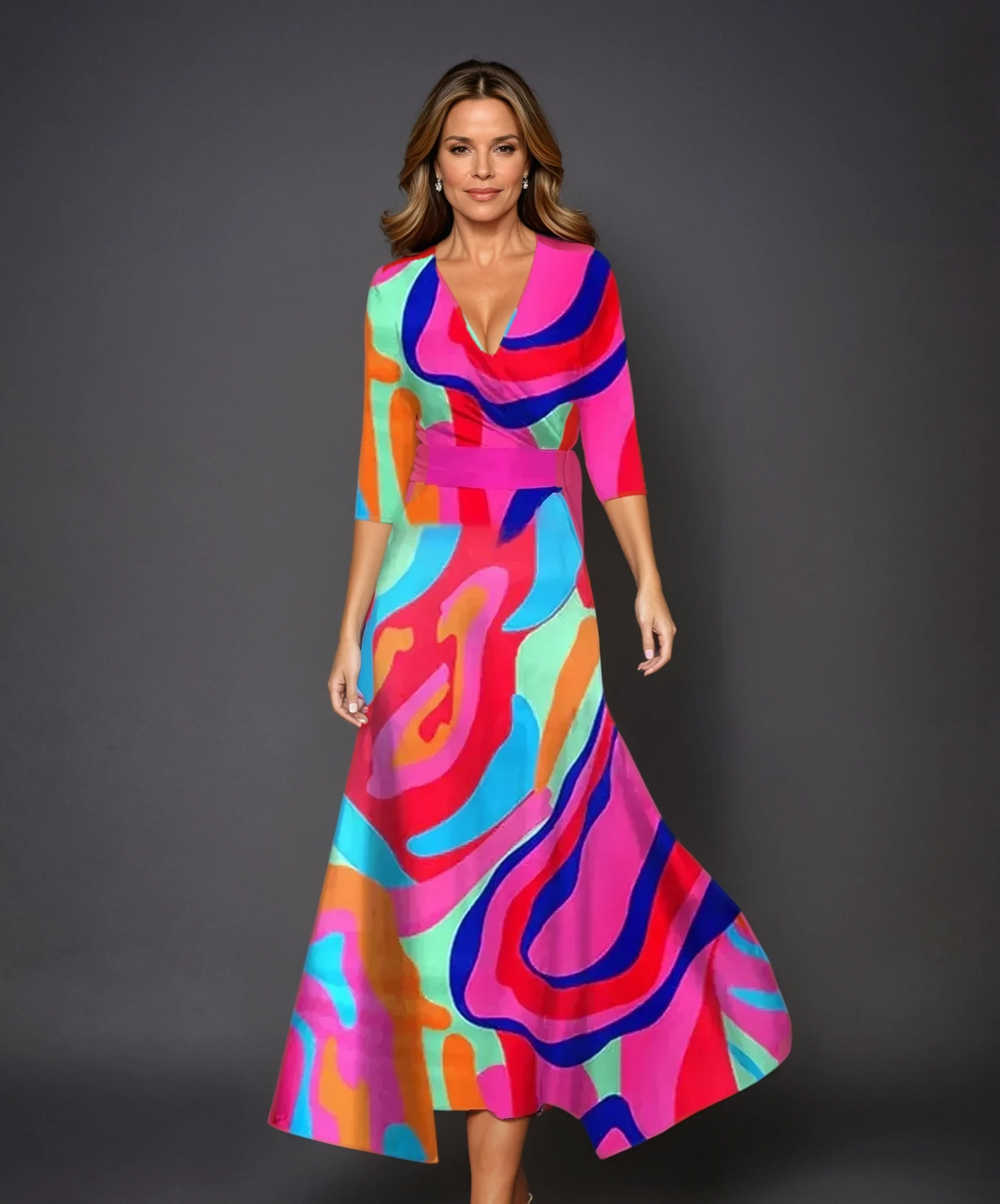 Emily | Women's Floral Printed High Waist Midi Dress with Mid Sleeves