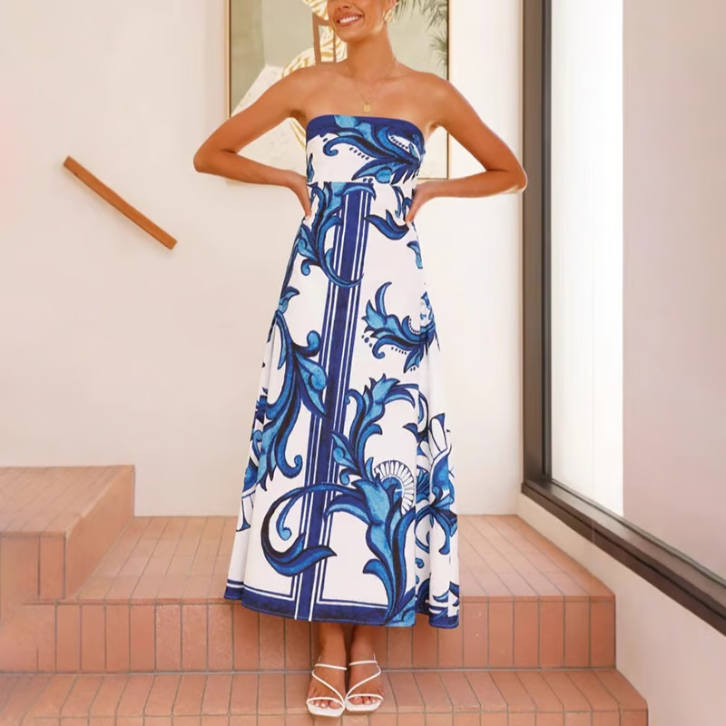 Iris | Women's Vintage Printed Long Tube Dress