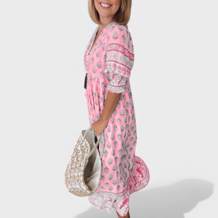 Marlena | Women's Puff Sleeve Midi Dress with V-neckline and A-line Silhouette and Pockets