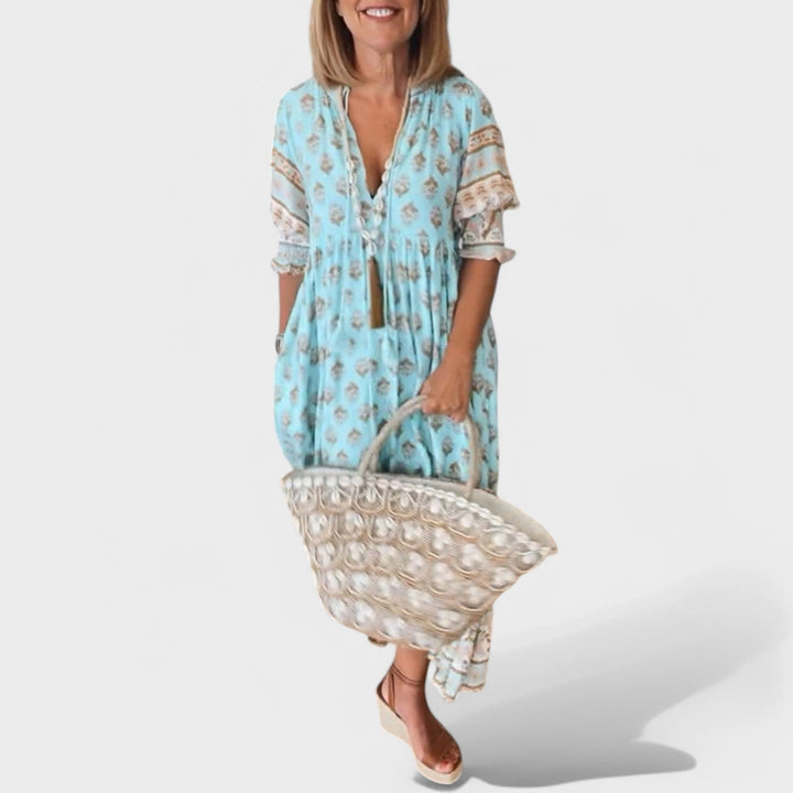Marlena | Women's Puff Sleeve Midi Dress with V-neckline and A-line Silhouette and Pockets
