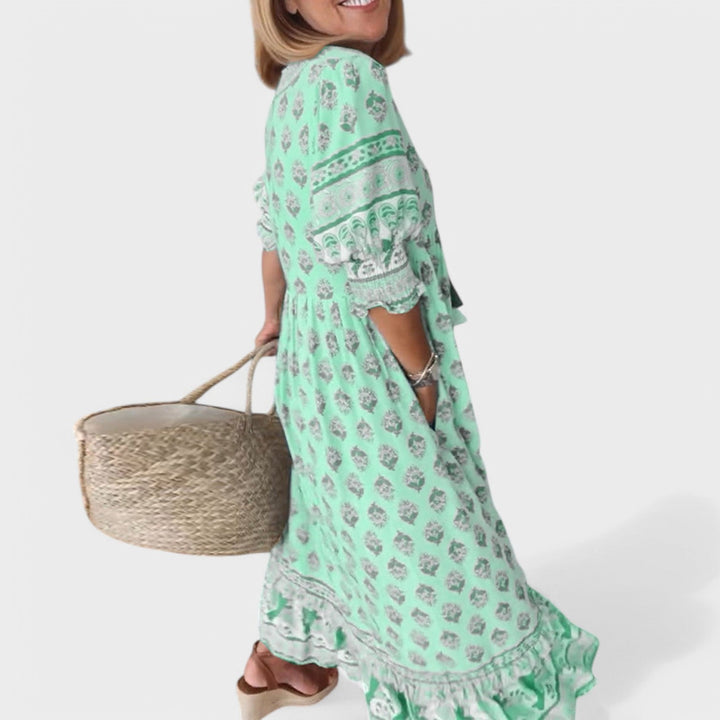 Marlena | Women's Puff Sleeve Midi Dress with V-neckline and A-line Silhouette and Pockets