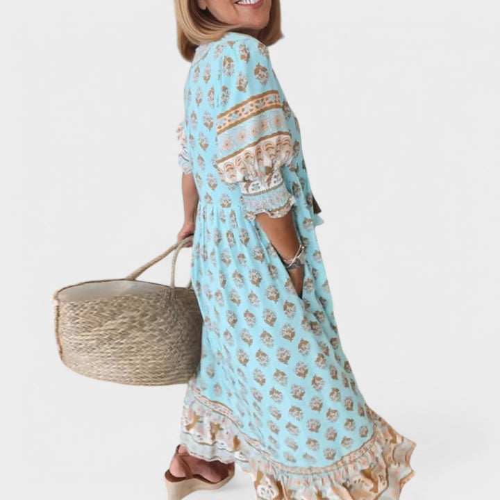 Marlena | Women's Puff Sleeve Midi Dress with V-neckline and A-line Silhouette and Pockets