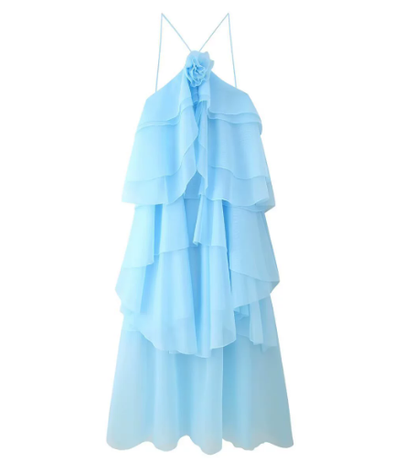 Nephele - Long Halter Ruffle Cocktail Dress