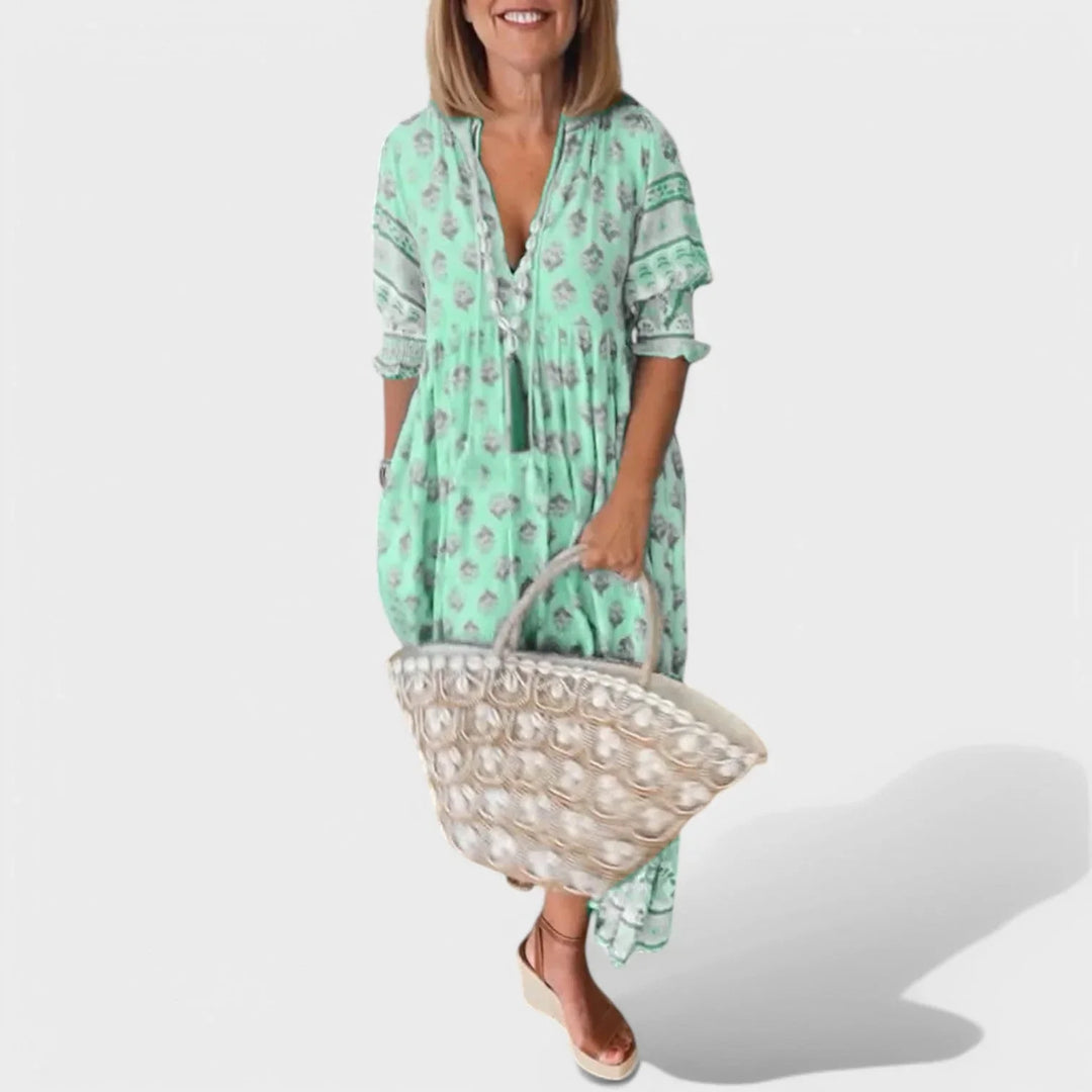 Marlena | Women's Puff Sleeve Midi Dress with V-neckline and A-line Silhouette and Pockets