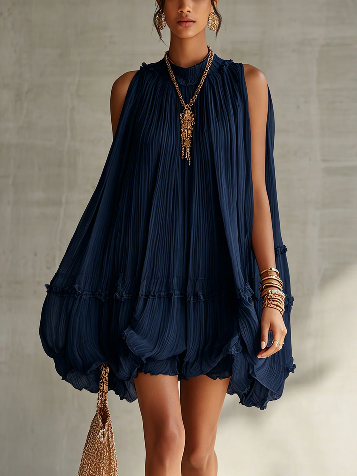 Women's Round Neck Mini Dress with Ruffles