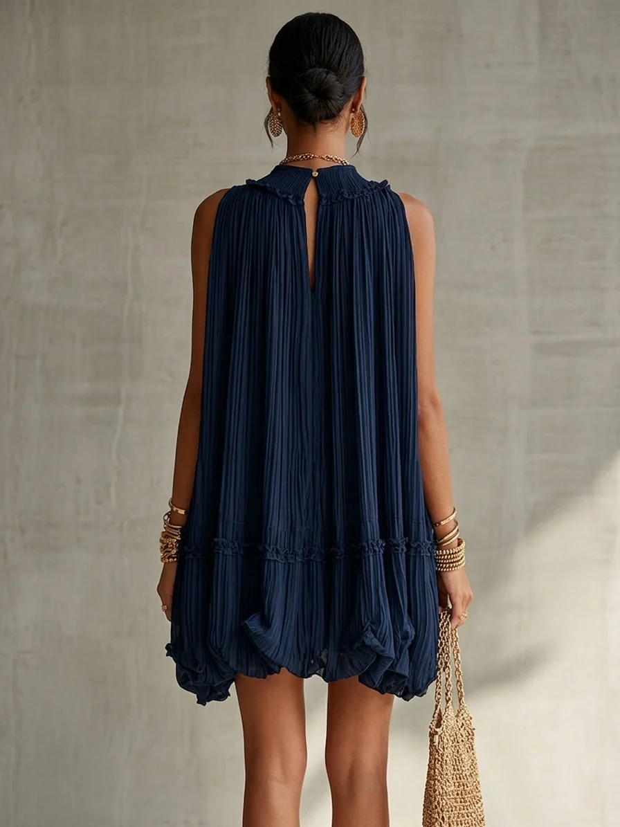 Women's Round Neck Mini Dress with Ruffles