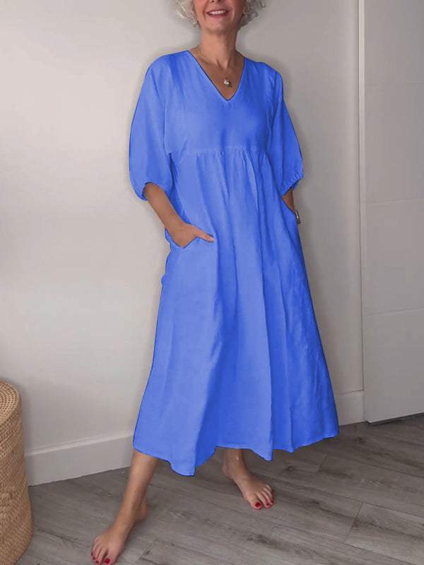 Eeva | Women's Relaxed Casual Midi Dress with V-Neck and Pockets