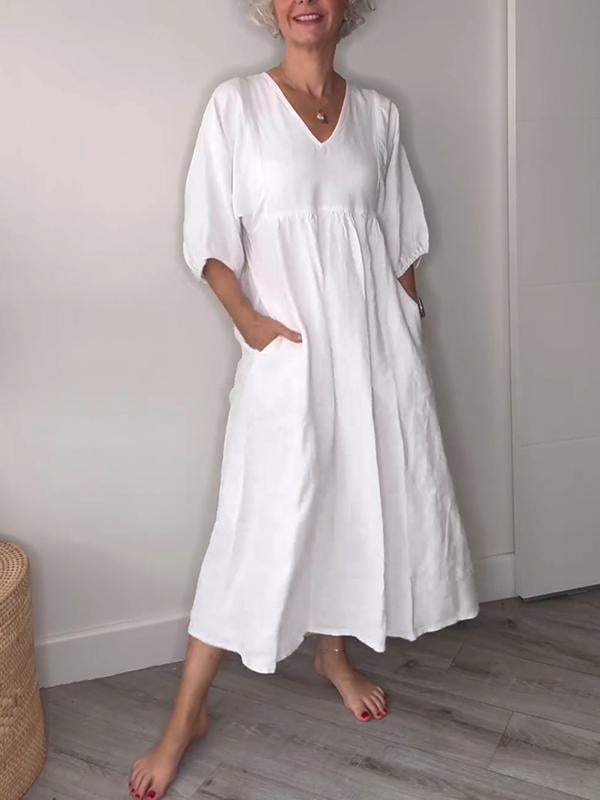Eeva | Women's Relaxed Casual Midi Dress with V-Neck and Pockets