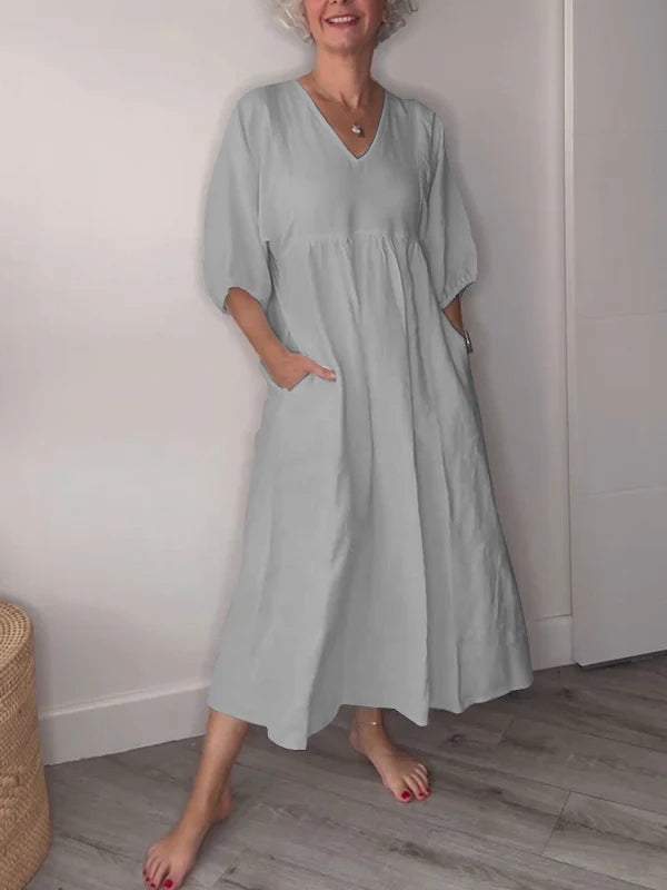 Eeva | Women's Relaxed Casual Midi Dress with V-Neck and Pockets