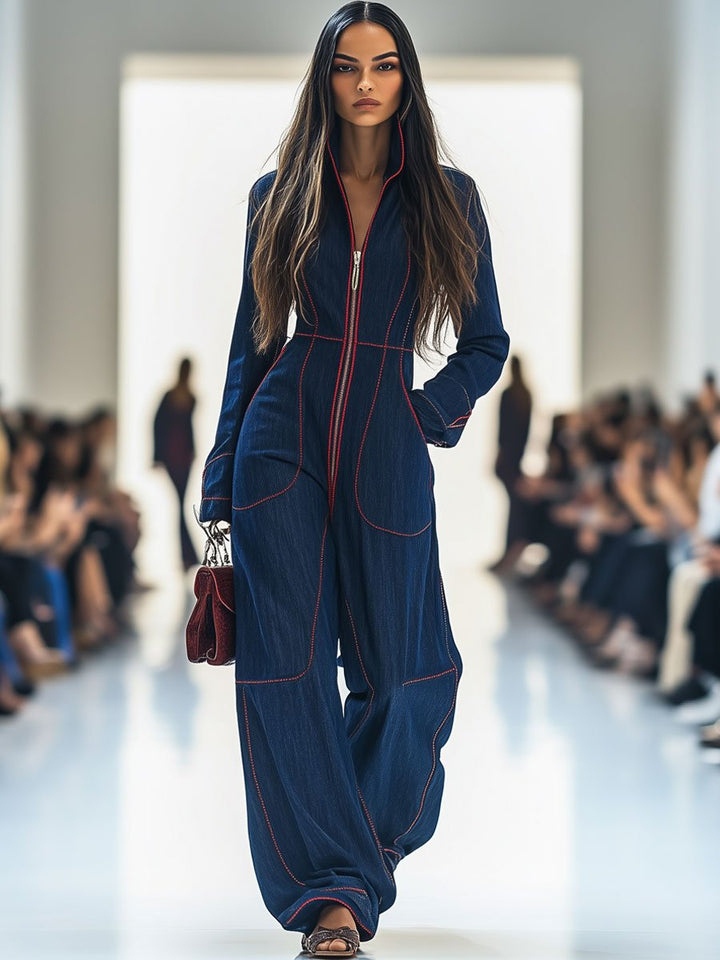 Nicole | Women's Long Sleeve Retro Topstitched Jumpsuit with Pockets