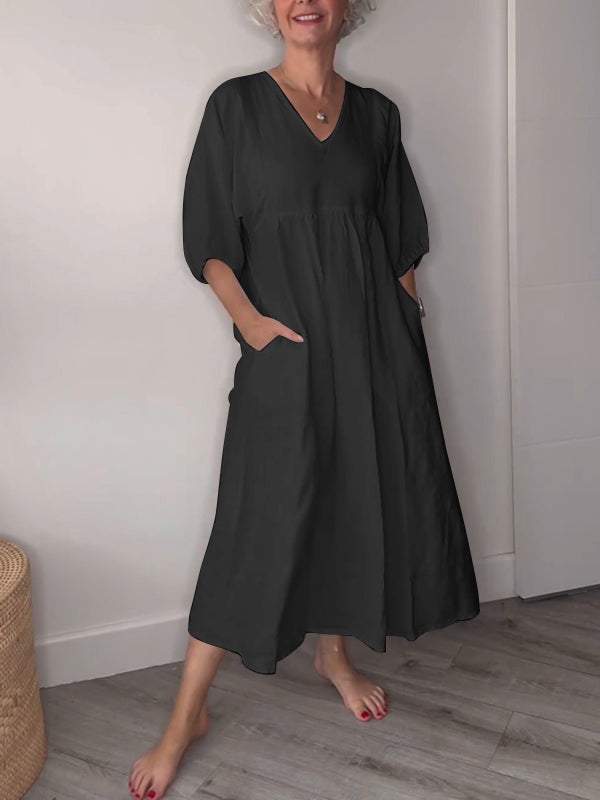 Eeva | Women's Relaxed Casual Midi Dress with V-Neck and Pockets