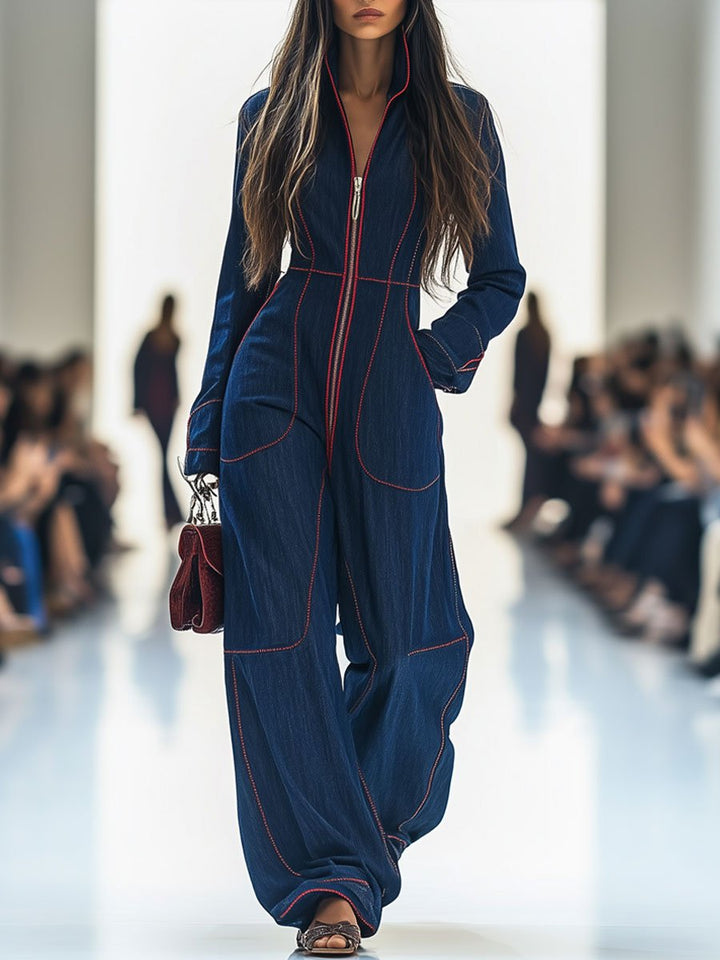 Nicole | Women's Long Sleeve Retro Topstitched Jumpsuit with Pockets