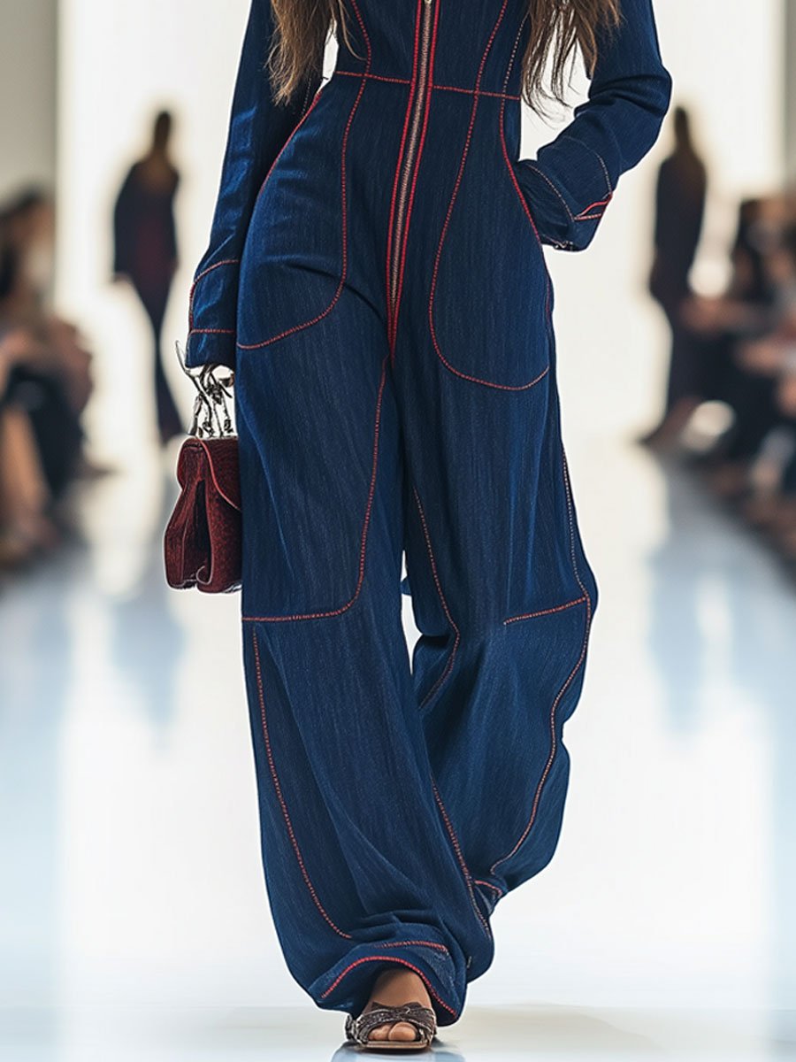 Nicole | Women's Long Sleeve Retro Topstitched Jumpsuit with Pockets