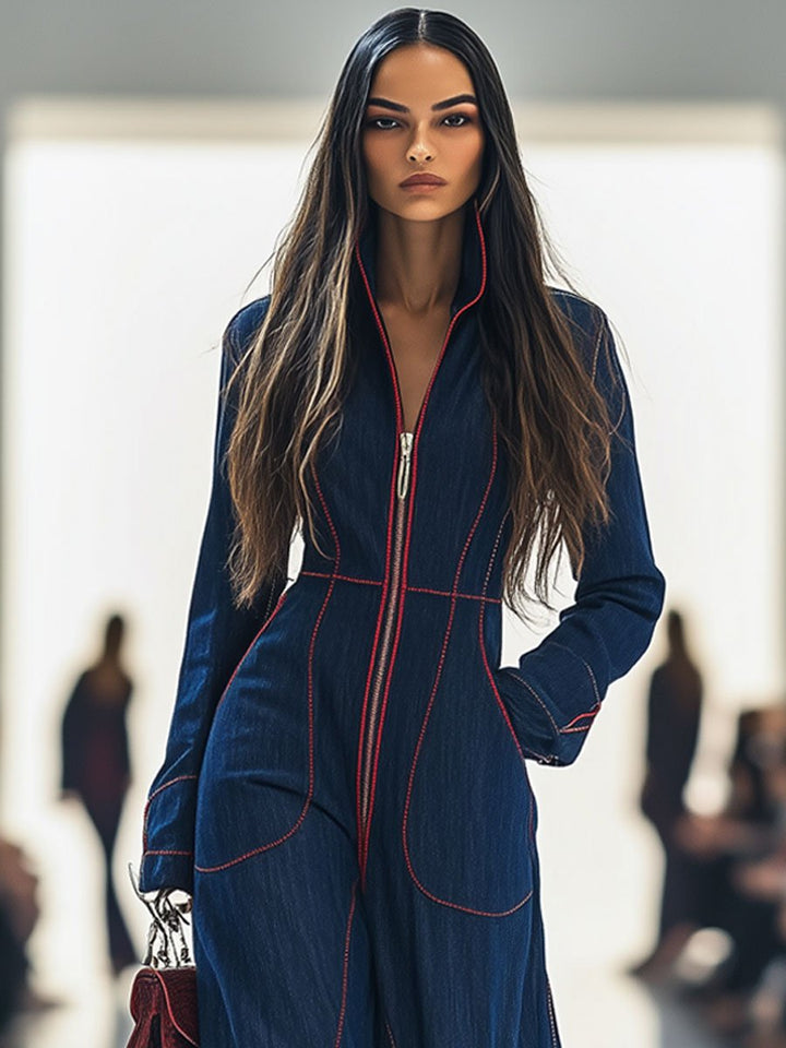 Nicole | Women's Long Sleeve Retro Topstitched Jumpsuit with Pockets