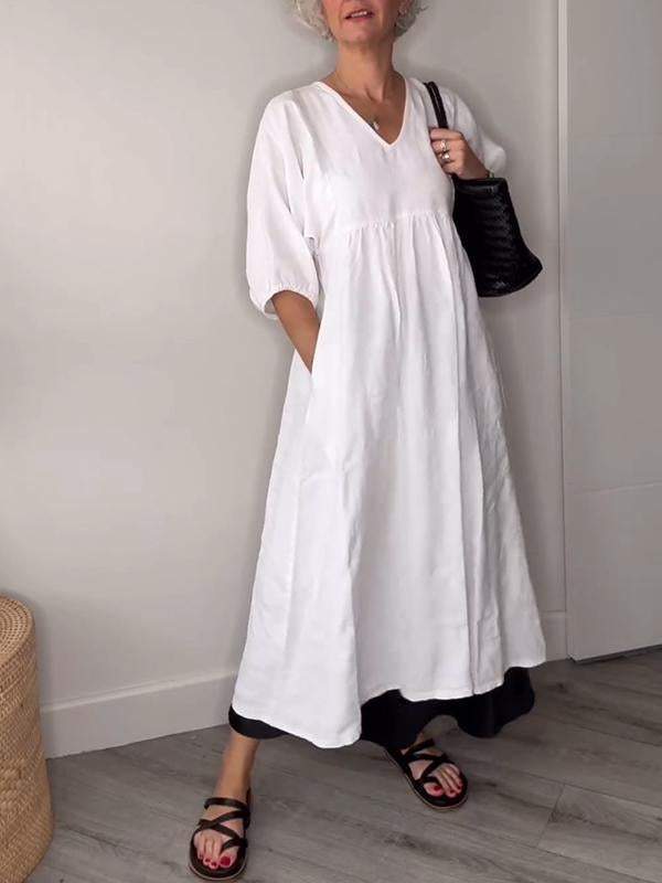 Eeva | Women's Relaxed Casual Midi Dress with V-Neck and Pockets