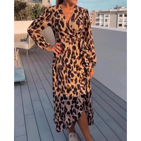 Lisandra | Women's Long Sleeve Midi Leopard Print Elegant Dress with V-Neck